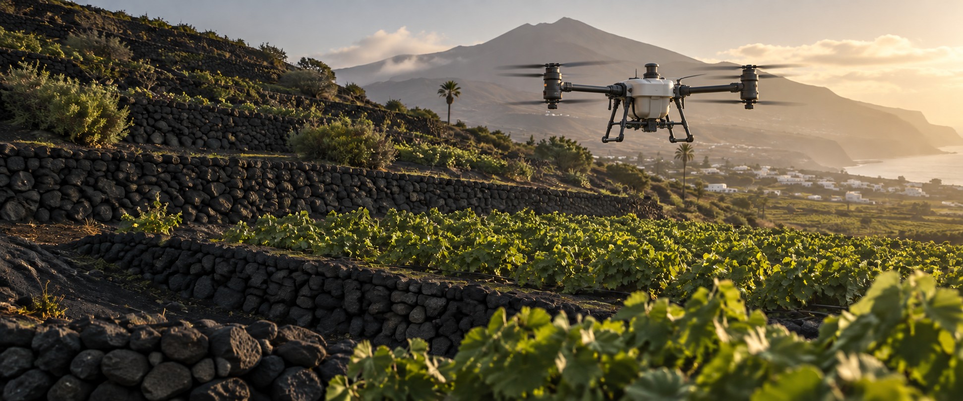 Ilustración de un dron agrícola sobre bancales de cultivo