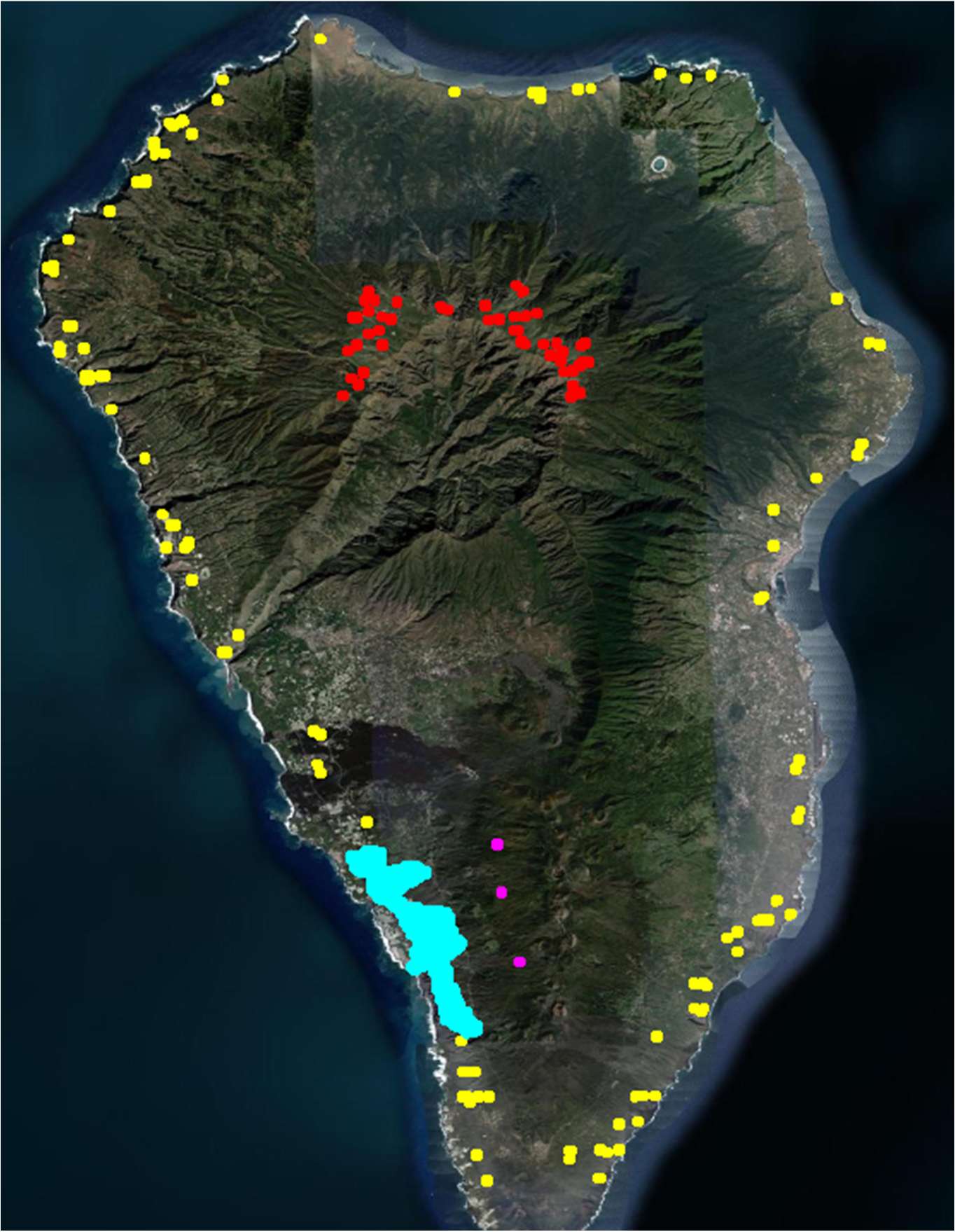 Imagen de satélite de la isla de La Palma con puntos marcados en amarillo, rojo y magenta repartidos por la isla y una superficie resaltada en cian en la vertiente suroeste