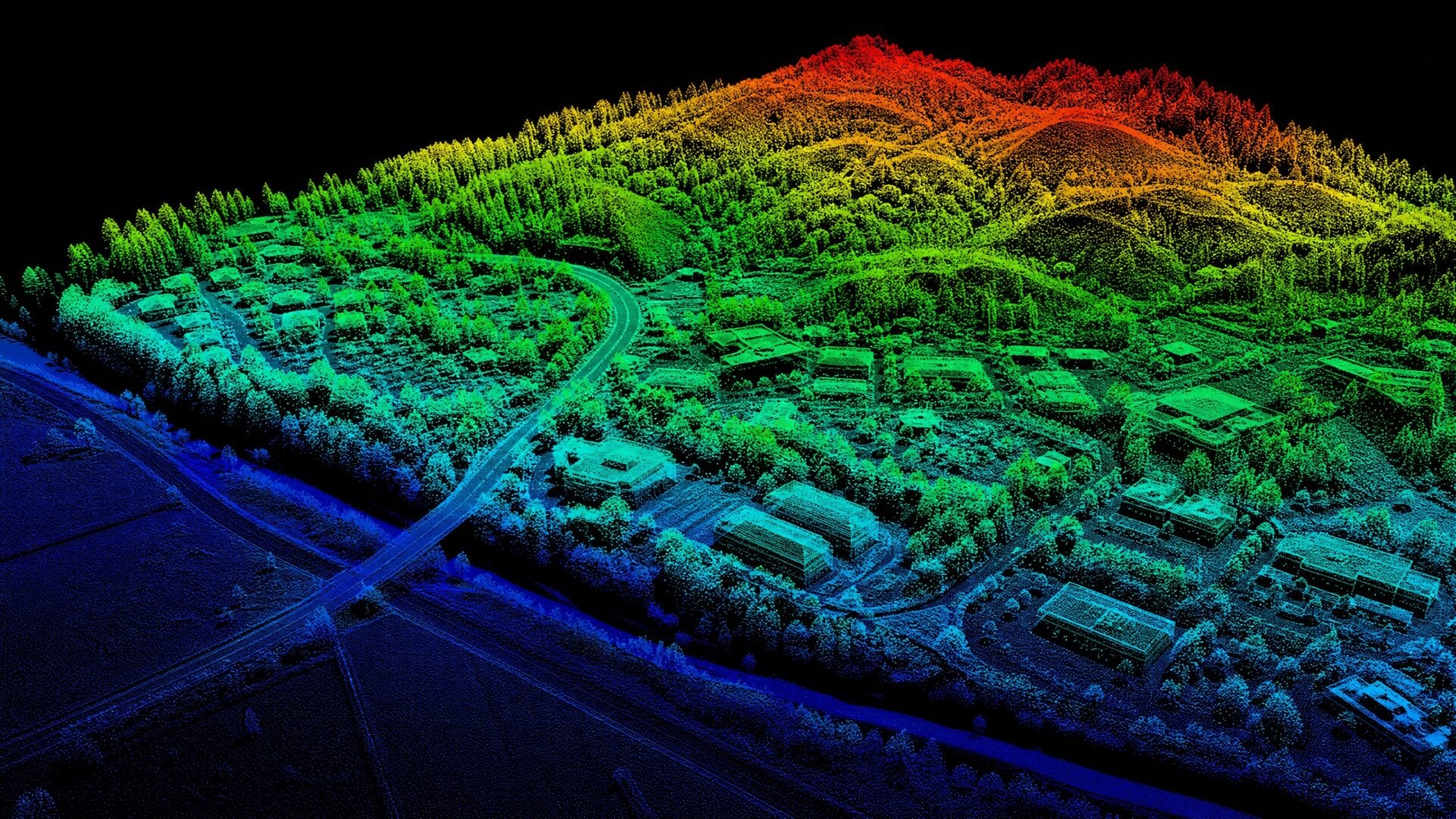 Nube de puntos LiDAR de terreno y edificaciones