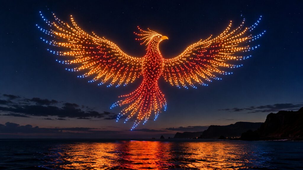 Ilustración de un espectáculo de drones formando un fénix sobre el mar